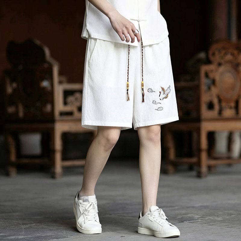 Nimara Ritual 2Pcs Summer Tang Style Meditation Embroidery Crane Short Sleeve Shirt Shorts Men's Meditation Cloth With Pockets