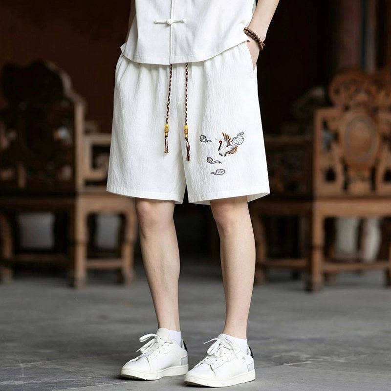 Nimara Ritual 2Pcs Summer Tang Style Meditation Embroidery Crane Short Sleeve Shirt Shorts Men's Meditation Cloth With Pockets