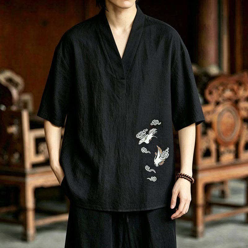 Nimara Ritual 2Pcs Summer Tang Style Meditation Embroidery Crane Short Sleeve Shirt Shorts Men's Meditation Cloth With Pockets