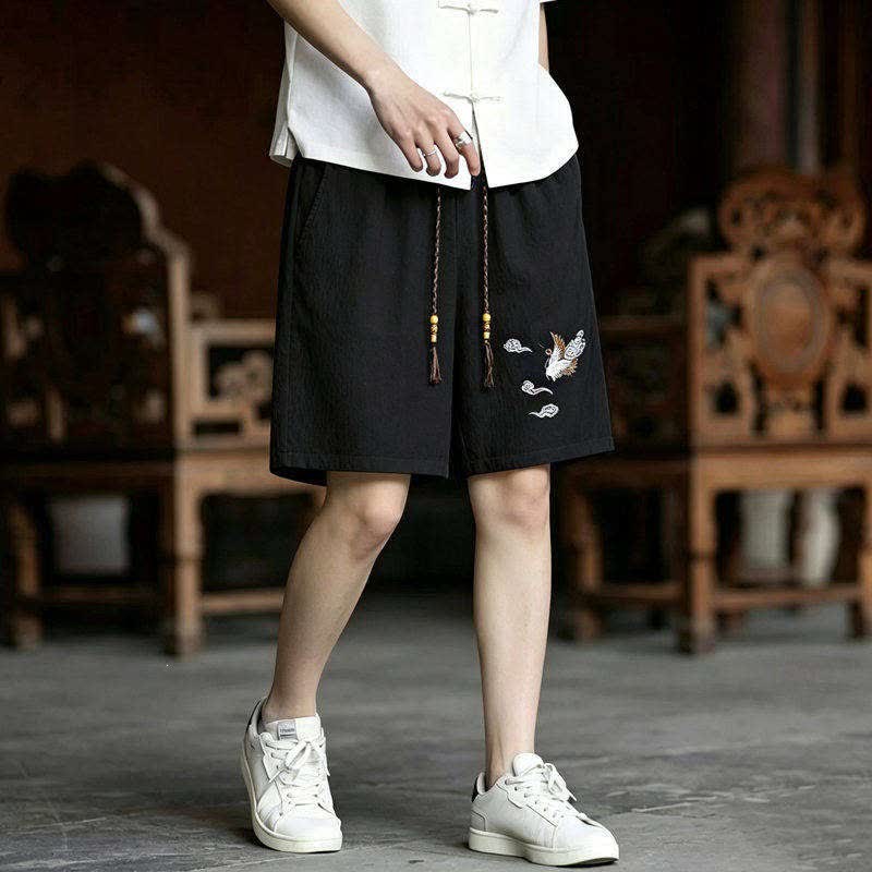 Nimara Ritual 2Pcs Summer Tang Style Meditation Embroidery Crane Short Sleeve Shirt Shorts Men's Meditation Cloth With Pockets