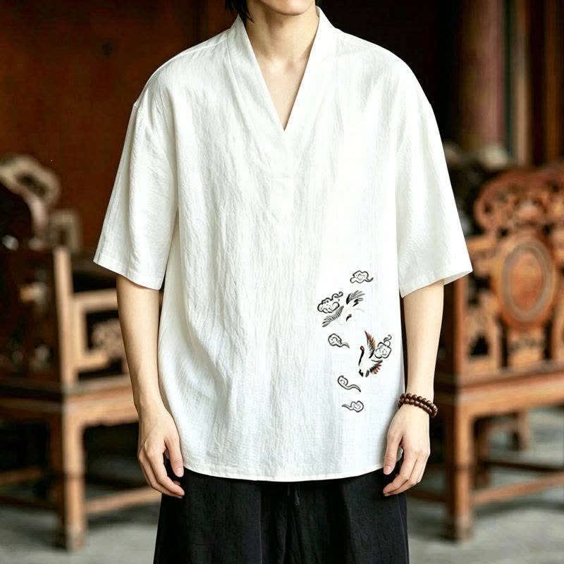 Nimara Ritual 2Pcs Summer Tang Style Meditation Embroidery Crane Short Sleeve Shirt Shorts Men's Meditation Cloth With Pockets