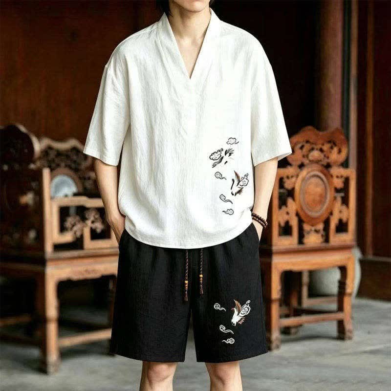 Nimara Ritual 2Pcs Summer Tang Style Meditation Embroidery Crane Short Sleeve Shirt Shorts Men's Meditation Cloth With Pockets