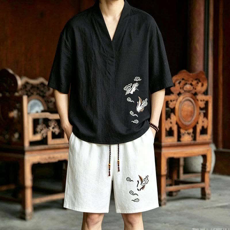 Nimara Ritual 2Pcs Summer Tang Style Meditation Embroidery Crane Short Sleeve Shirt Shorts Men's Meditation Cloth With Pockets