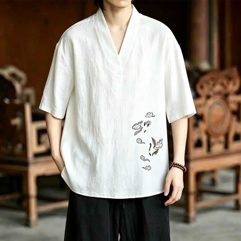 Nimara Ritual 2Pcs Summer Tang Style Meditation Embroidery Crane Short Sleeve Shirt Shorts Men's Meditation Cloth With Pockets