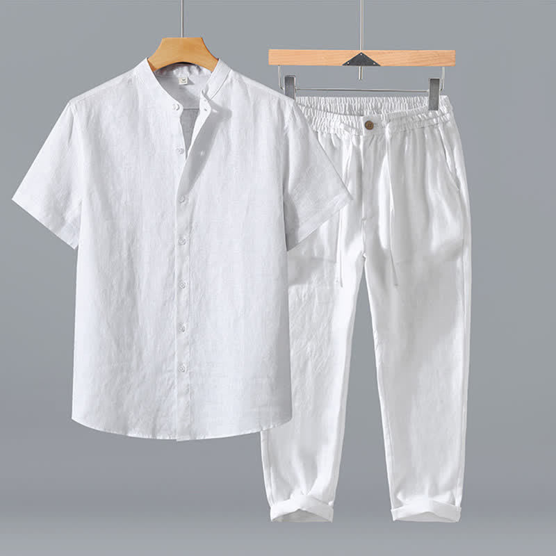 Nimara Ritual 2Pcs Summer Tang Style Meditation Mandarin Collar Button-Up Solid Linen Short Sleeve Shirt Pants Men's Meditation Cloth With Pocket