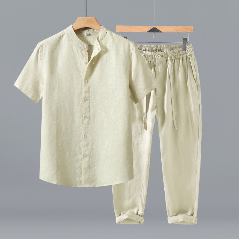 Nimara Ritual 2Pcs Summer Tang Style Meditation Mandarin Collar Button-Up Solid Linen Short Sleeve Shirt Pants Men's Meditation Cloth With Pocket