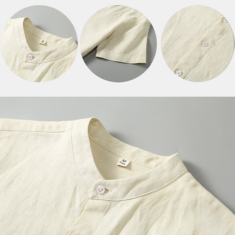 Nimara Ritual 2Pcs Summer Tang Style Meditation Mandarin Collar Button-Up Solid Linen Short Sleeve Shirt Pants Men's Meditation Cloth With Pocket