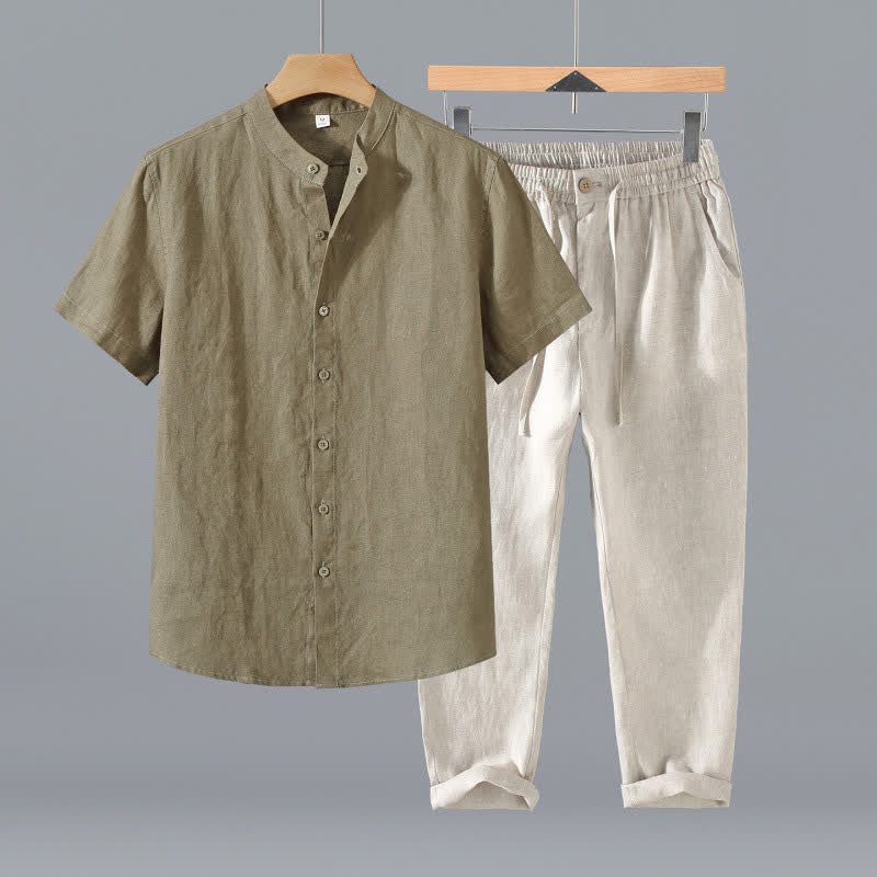 Nimara Ritual 2Pcs Summer Tang Style Meditation Mandarin Collar Button-Up Solid Linen Short Sleeve Shirt Pants Men's Meditation Cloth With Pocket