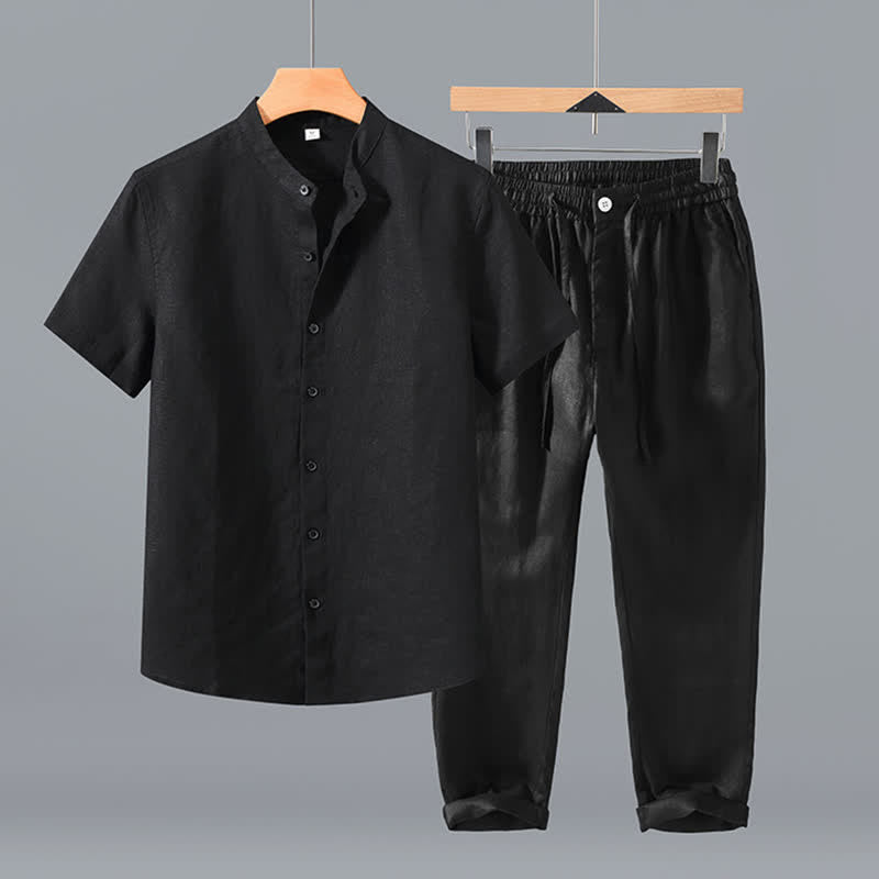 Nimara Ritual 2Pcs Summer Tang Style Meditation Mandarin Collar Button-Up Solid Linen Short Sleeve Shirt Pants Men's Meditation Cloth With Pocket