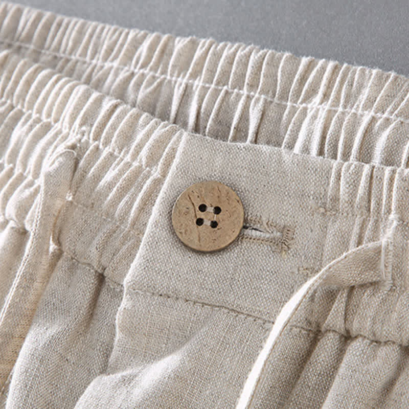 Nimara Ritual 2Pcs Summer Tang Style Meditation Mandarin Collar Button-Up Solid Linen Short Sleeve Shirt Pants Men's Meditation Cloth With Pocket