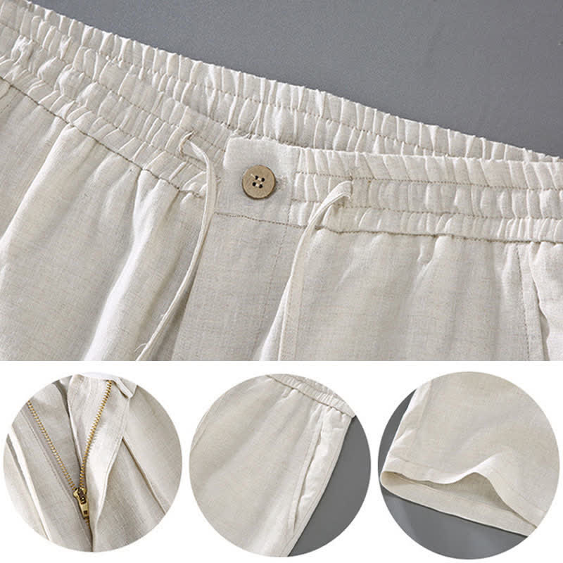Nimara Ritual 2Pcs Summer Mandarin Collar Button-Up Solid Linen Short Sleeve Shirt Shorts Men's Meditation Cloth With Pocket
