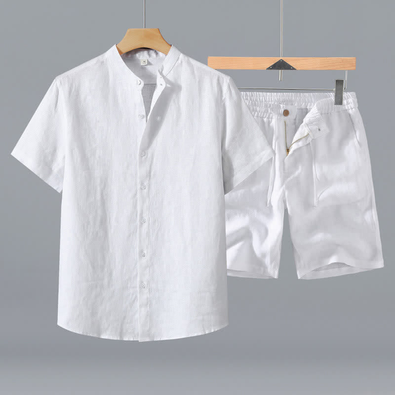 Nimara Ritual 2Pcs Summer Mandarin Collar Button-Up Solid Linen Short Sleeve Shirt Shorts Men's Meditation Cloth With Pocket