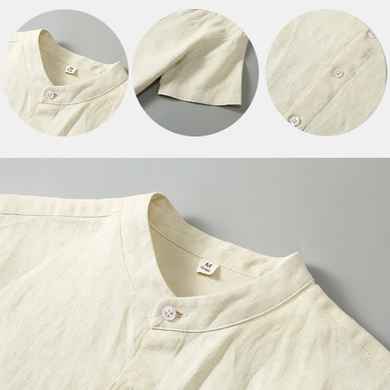 Nimara Ritual 2Pcs Summer Mandarin Collar Button-Up Solid Linen Short Sleeve Shirt Shorts Men's Meditation Cloth With Pocket