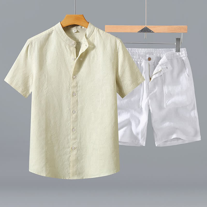 Nimara Ritual 2Pcs Summer Mandarin Collar Button-Up Solid Linen Short Sleeve Shirt Shorts Men's Meditation Cloth With Pocket