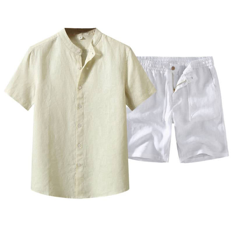 Nimara Ritual 2Pcs Summer Mandarin Collar Button-Up Solid Linen Short Sleeve Shirt Shorts Men's Meditation Cloth With Pocket