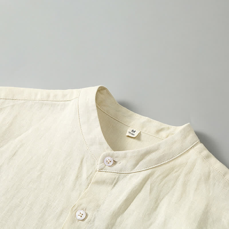 Nimara Ritual 2Pcs Summer Mandarin Collar Button-Up Solid Linen Short Sleeve Shirt Shorts Men's Meditation Cloth With Pocket
