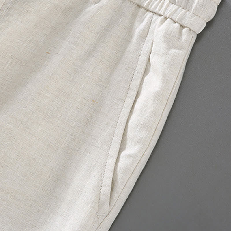 Nimara Ritual 2Pcs Summer Mandarin Collar Button-Up Solid Linen Short Sleeve Shirt Shorts Men's Meditation Cloth With Pocket