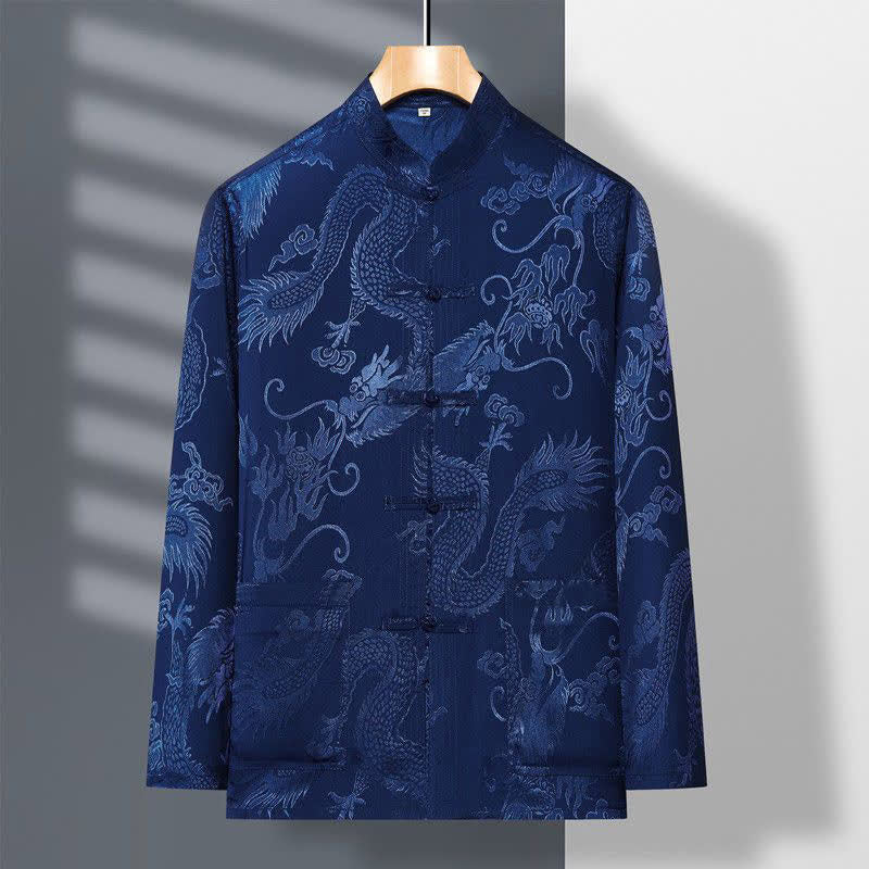 Nimara Ritual 2Pcs Tang Suit Dragon Frog-Button Men's Long Sleeve Shirt Pants Clothing Set
