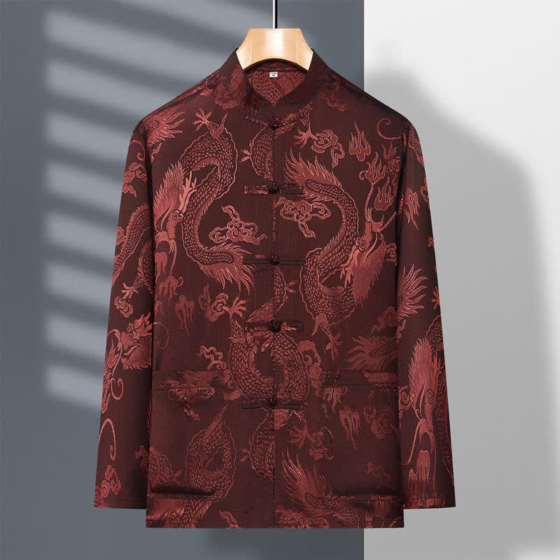 Nimara Ritual 2Pcs Tang Suit Dragon Frog-Button Men's Long Sleeve Shirt Pants Clothing Set