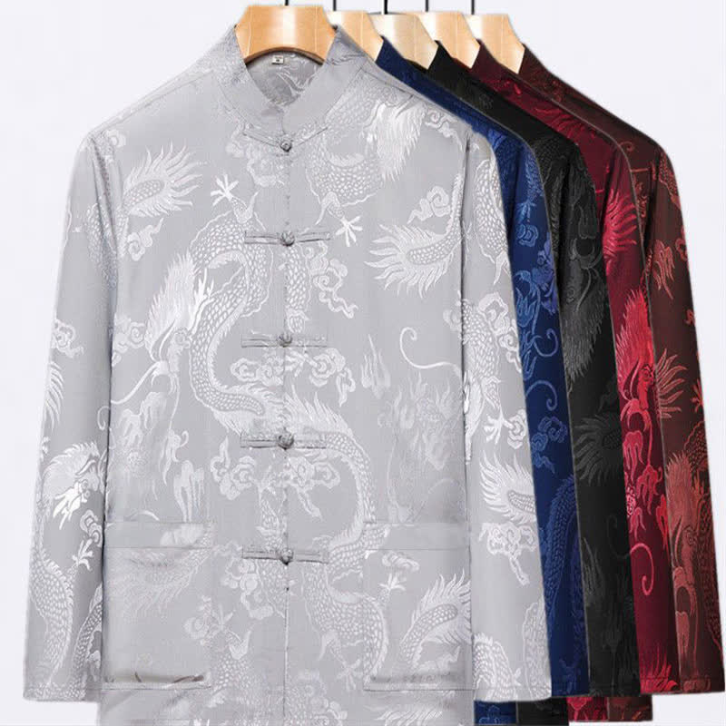 Nimara Ritual 2Pcs Tang Suit Dragon Frog-Button Men's Long Sleeve Shirt Pants Clothing Set
