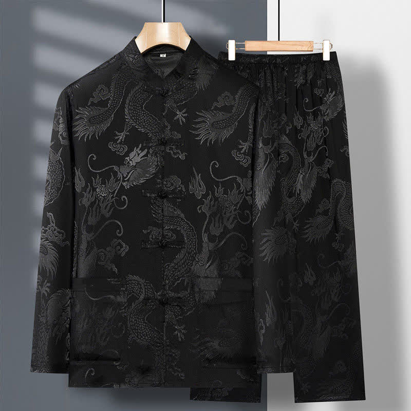 Nimara Ritual 2Pcs Tang Suit Dragon Frog-Button Men's Long Sleeve Shirt Pants Clothing Set