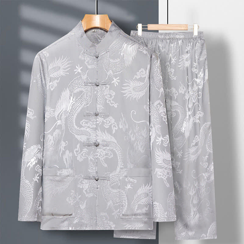 Nimara Ritual 2Pcs Tang Suit Dragon Frog-Button Men's Long Sleeve Shirt Pants Clothing Set