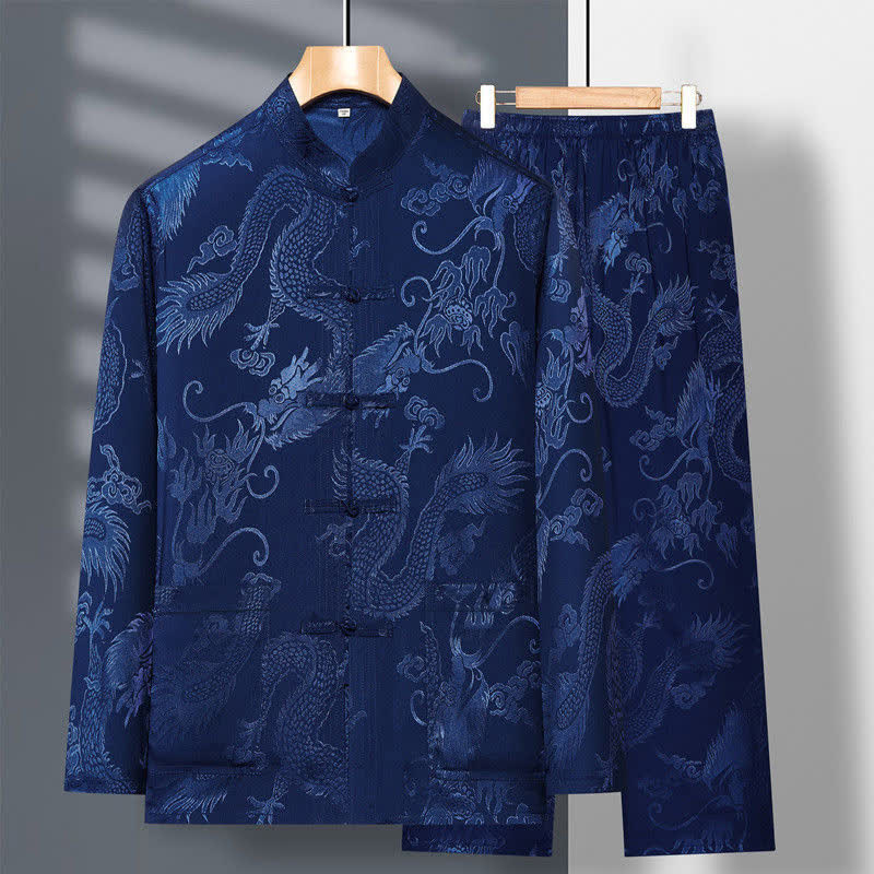 Nimara Ritual 2Pcs Tang Suit Dragon Frog-Button Men's Long Sleeve Shirt Pants Clothing Set