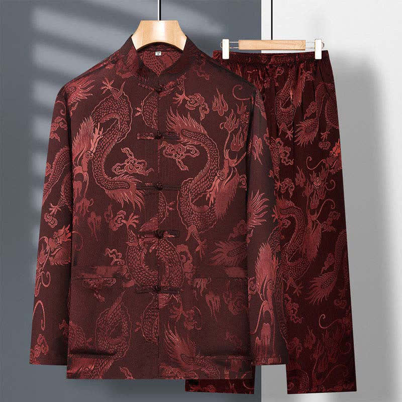 Nimara Ritual 2Pcs Tang Suit Dragon Frog-Button Men's Long Sleeve Shirt Pants Clothing Set