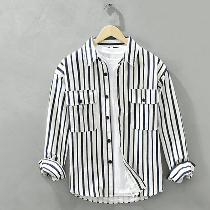 Nimara Ritual Spring Casual Classic Button-Up Striped Men's Long Sleeve Shirts With Pocket