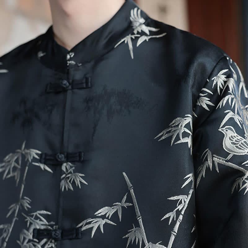 Nimara Ritual Fall Winter Tang Style Vintage Mandarin Collar Crane Print Men's Jackets With Pocket