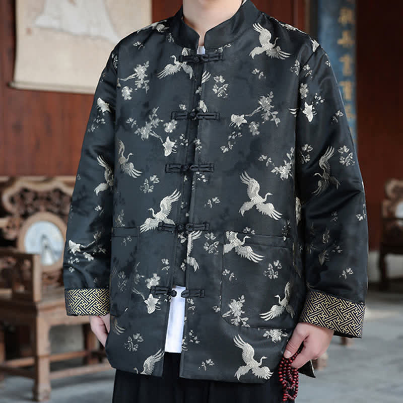 Nimara Ritual Fall Winter Tang Style Vintage Mandarin Collar Crane Print Men's Jackets With Pocket