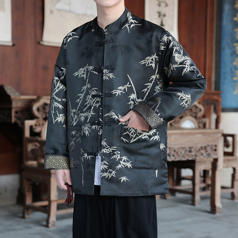 Nimara Ritual Fall Winter Tang Style Vintage Mandarin Collar Crane Print Men's Jackets With Pocket