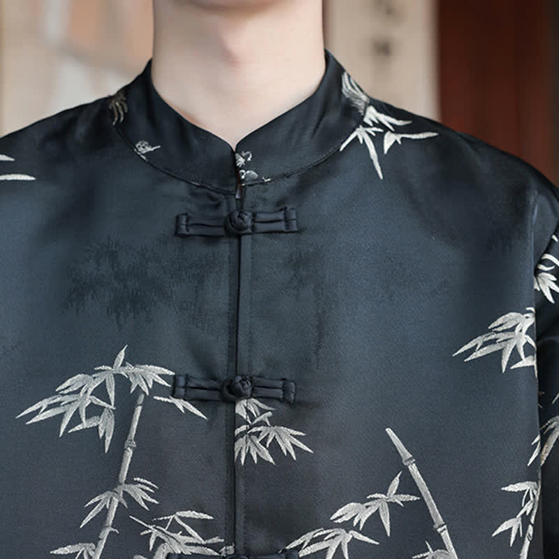 Nimara Ritual Fall Winter Tang Style Vintage Mandarin Collar Crane Print Men's Jackets With Pocket