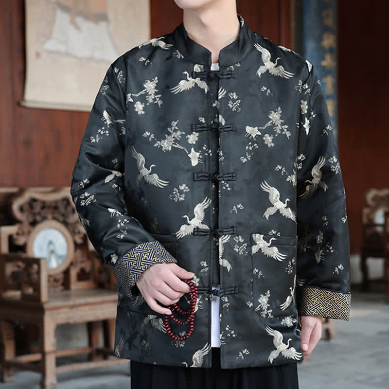 Nimara Ritual Fall Winter Tang Style Vintage Mandarin Collar Crane Print Men's Jackets With Pocket