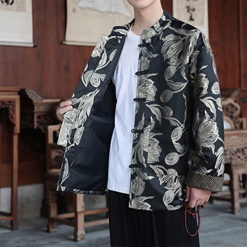 Nimara Ritual Fall Winter Tang Style Vintage Mandarin Collar Crane Print Men's Jackets With Pocket