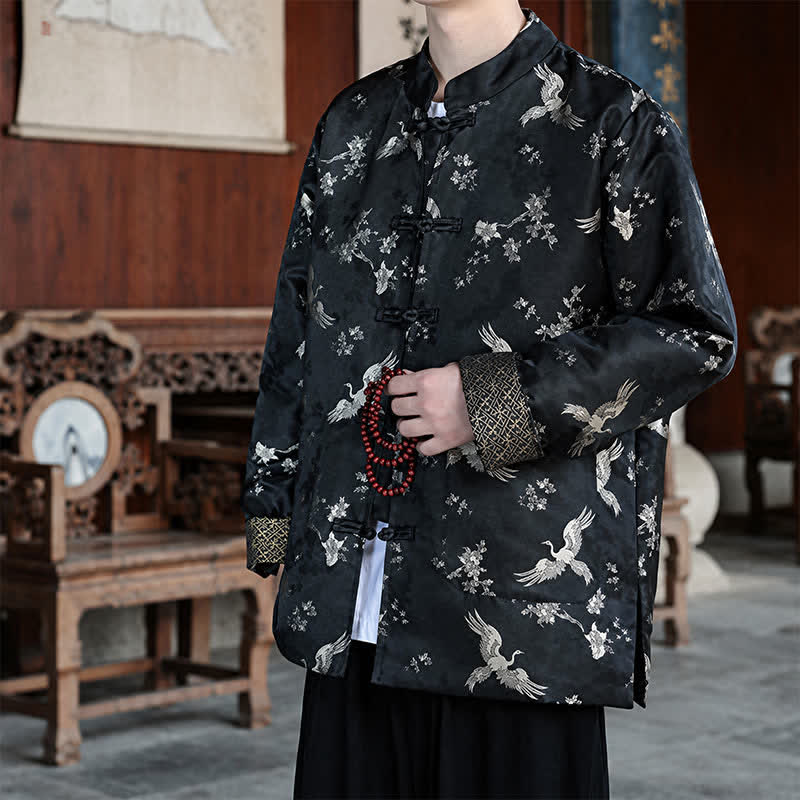 Nimara Ritual Fall Winter Tang Style Vintage Mandarin Collar Crane Print Men's Jackets With Pocket