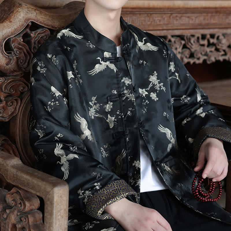 Nimara Ritual Fall Winter Tang Style Vintage Mandarin Collar Crane Print Men's Jackets With Pocket