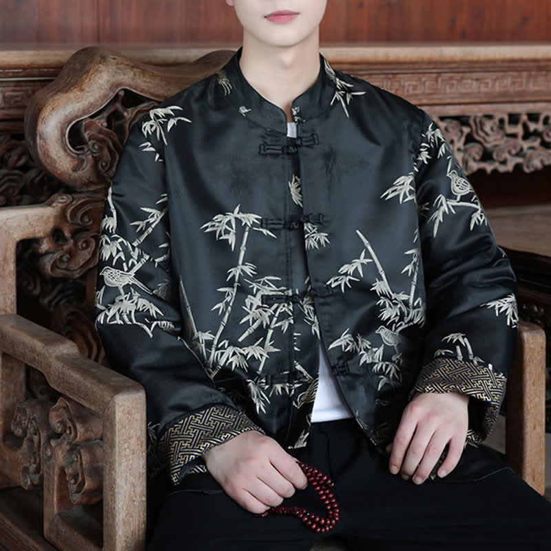Nimara Ritual Fall Winter Tang Style Vintage Mandarin Collar Crane Print Men's Jackets With Pocket