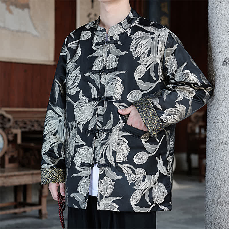 Nimara Ritual Fall Winter Tang Style Vintage Mandarin Collar Crane Print Men's Jackets With Pocket