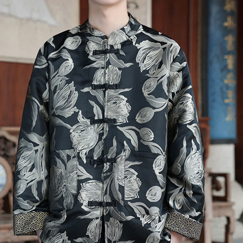 Nimara Ritual Fall Winter Tang Style Vintage Mandarin Collar Crane Print Men's Jackets With Pocket