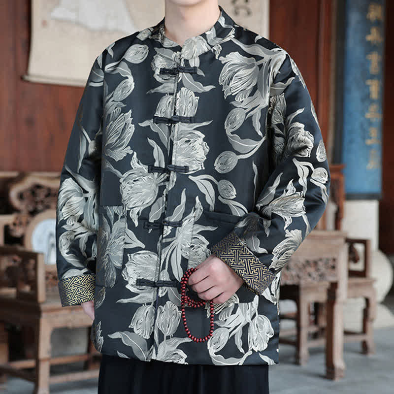 Nimara Ritual Fall Winter Tang Style Vintage Mandarin Collar Crane Print Men's Jackets With Pocket