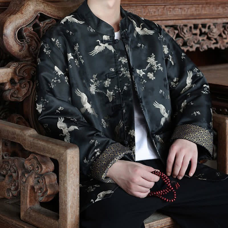 Nimara Ritual Fall Winter Tang Style Vintage Mandarin Collar Crane Print Men's Jackets With Pocket