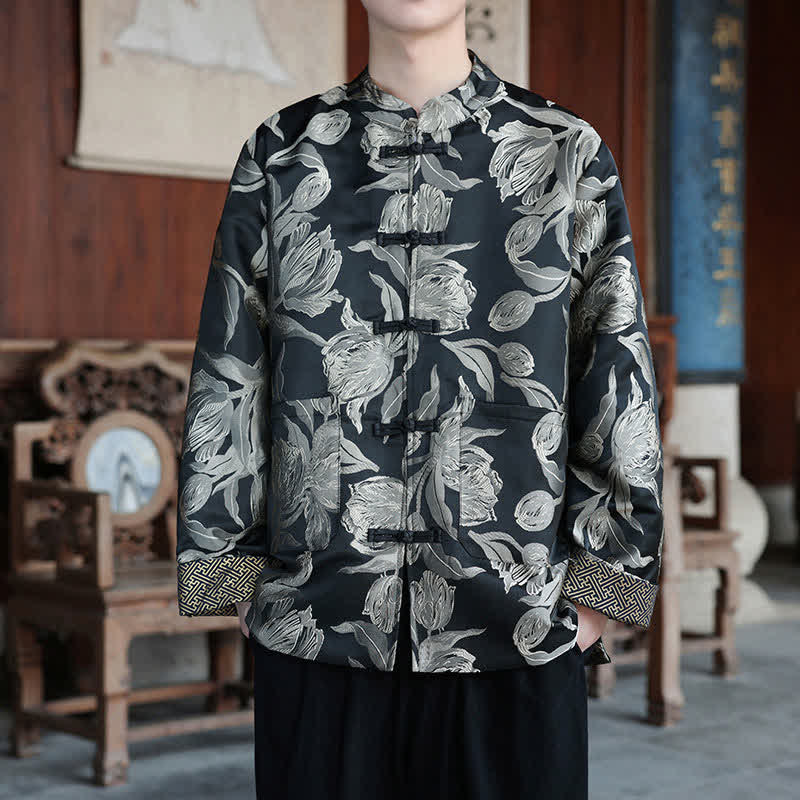 Nimara Ritual Fall Winter Tang Style Vintage Mandarin Collar Crane Print Men's Jackets With Pocket