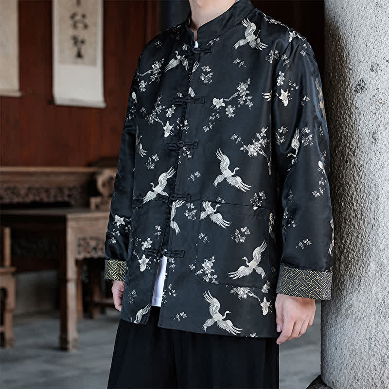 Nimara Ritual Fall Winter Tang Style Vintage Mandarin Collar Crane Print Men's Jackets With Pocket