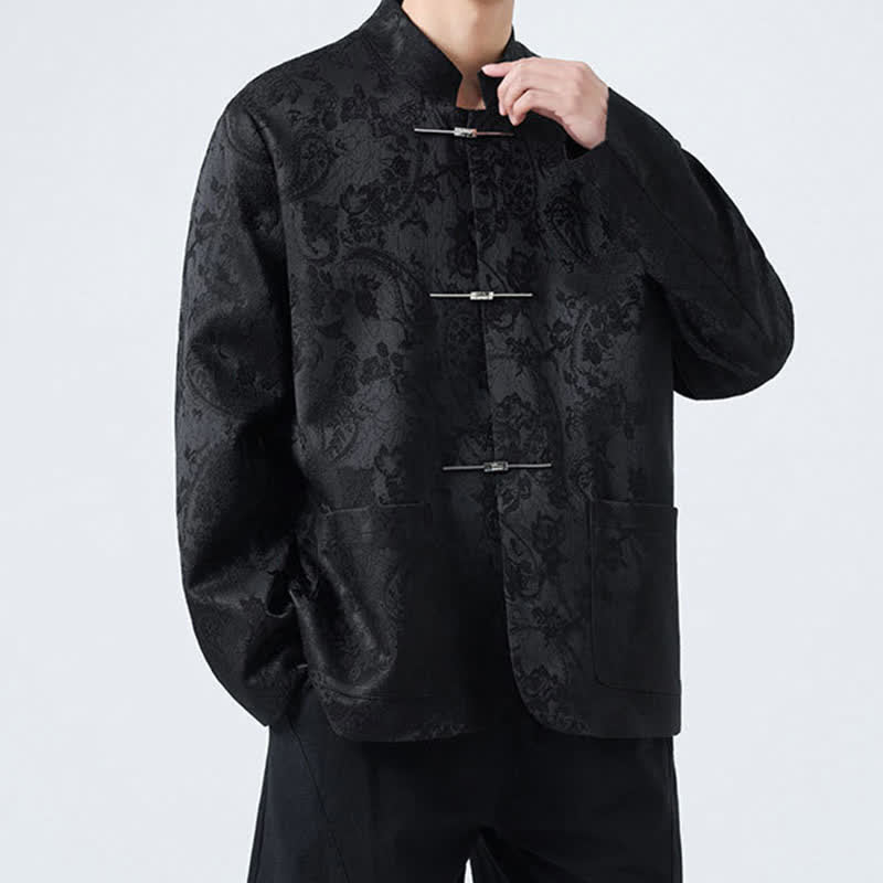 Nimara Ritual Fall Winter Tang Style Vintage Mandarin Collar Frog Button Floral Men's Jackets With Pocket
