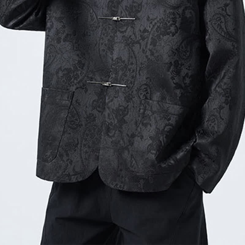 Nimara Ritual Fall Winter Tang Style Vintage Mandarin Collar Frog Button Floral Men's Jackets With Pocket