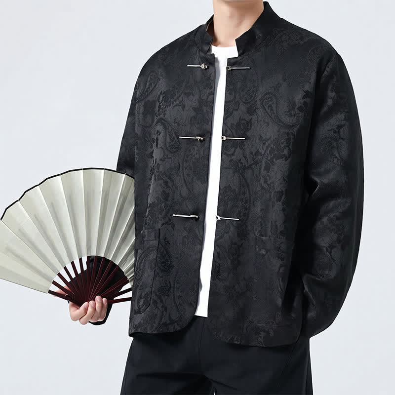 Nimara Ritual Fall Winter Tang Style Vintage Mandarin Collar Frog Button Floral Men's Jackets With Pocket