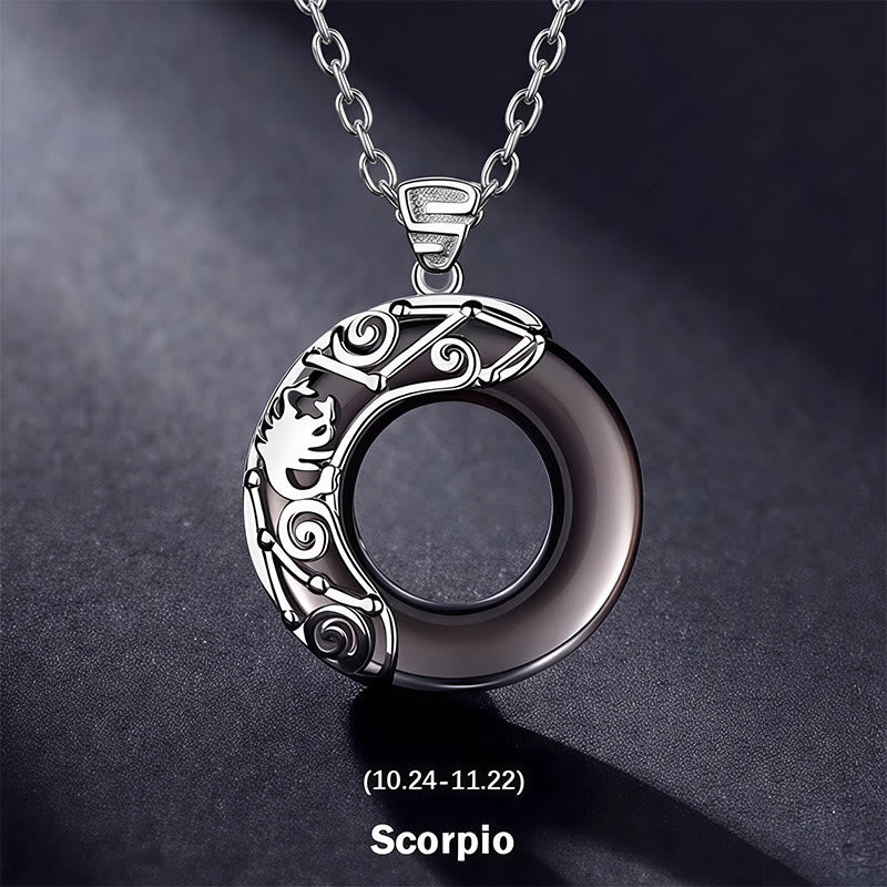 Nimara Ritual 12 Constellations of the Zodiac Ice Obsidian Blessing Round Pendant Necklace