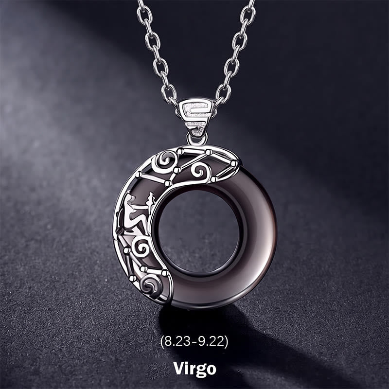 Nimara Ritual 12 Constellations of the Zodiac Ice Obsidian Blessing Round Pendant Necklace