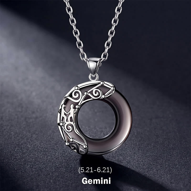 Nimara Ritual 12 Constellations of the Zodiac Ice Obsidian Blessing Round Pendant Necklace